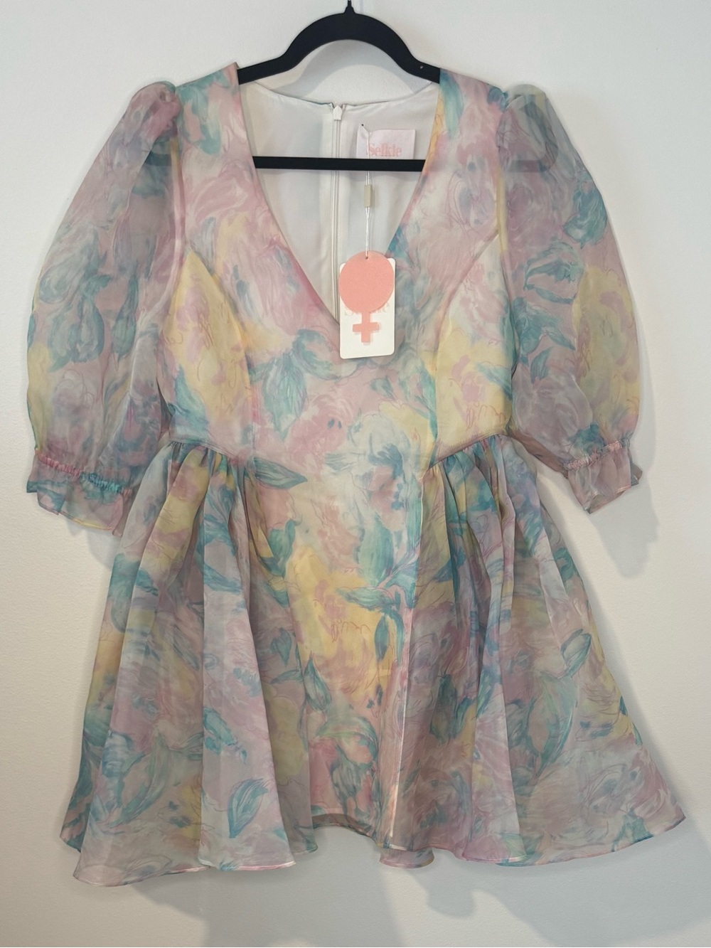 NWT Selkie The Stepmom Cloud 13 Dress Size L Pastel Floral Organza Puff Sleeve